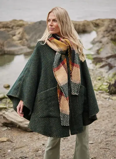 Lisa Herringbone Cape in Olive Sage With Scarf